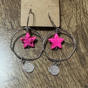 New hot pink star in a silver circle earrings with rhinestones
